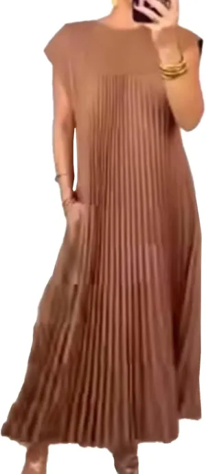 SEMATOMALA Women's Pleated Short Sleeve Maxi Dress Crewneck Loose Fit Flowy Swing Long Dress with Pockets