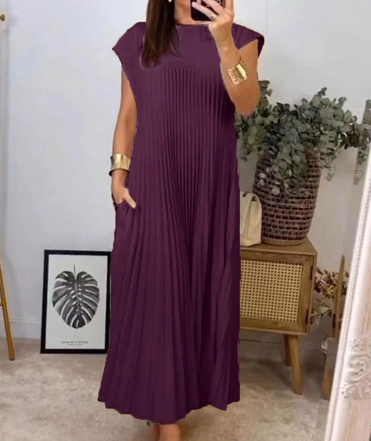 SEMATOMALA Women's Pleated Short Sleeve Maxi Dress Crewneck Loose Fit Flowy Swing Long Dress with Pockets