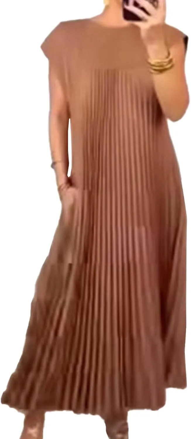 SEMATOMALA Women's Pleated Short Sleeve Maxi Dress Crewneck Loose Fit Flowy Swing Long Dress with Pockets