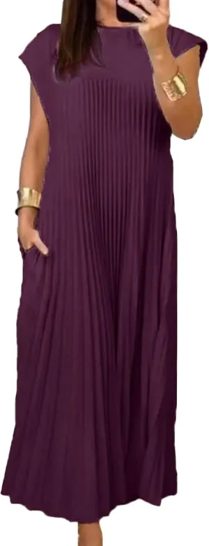 SEMATOMALA Women's Pleated Short Sleeve Maxi Dress Crewneck Loose Fit Flowy Swing Long Dress with Pockets