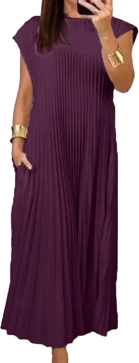 SEMATOMALA Women's Pleated Short Sleeve Maxi Dress Crewneck Loose Fit Flowy Swing Long Dress with Pockets