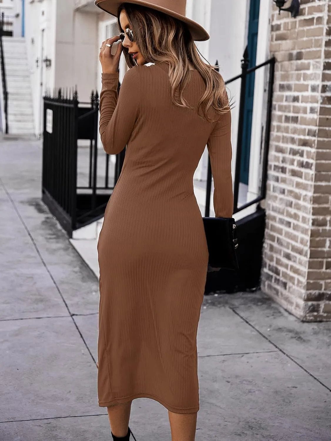 SHIBEVER Women's Long Sleeve Dress: Midi Casual V Neck Twist Waist Ribbed Knit Bodycon Slit Cocktail Party Dresses