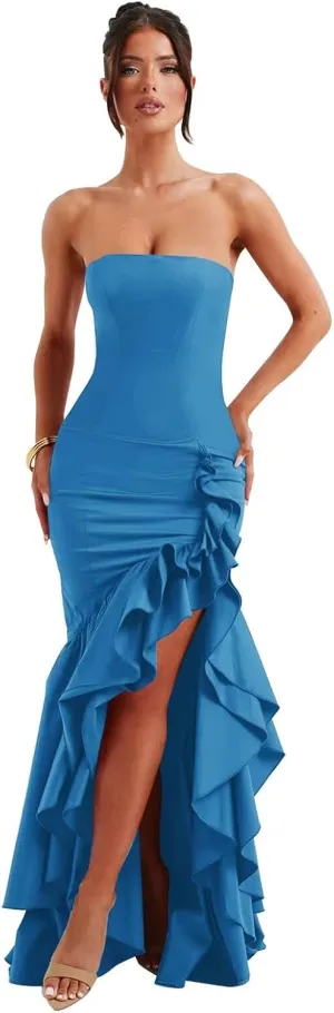 SoDigne Ruffled Long Satin Prom Dress for Women Strapless Mermaid Maxi Formal Evening Gown with Slit