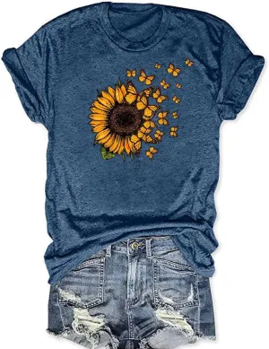 Sunflower Shirts for Women Cute Sunflower Graphic Print Tshirt Summer Casual Short Sleeve Tee Tops