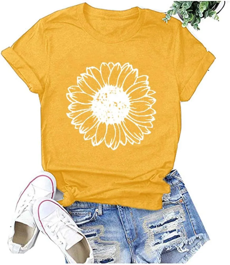Sunflower Shirts Women Sunflower Printed Tee Shirts Inspirational Tees Shirt Vintage Casual Short Sleeve Tops