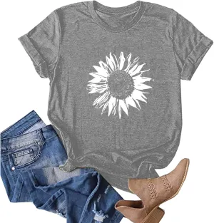 Sunflower Shirts Women Sunflower Printed Tee Shirts Inspirational Tees Shirt Vintage Casual Short Sleeve Tops