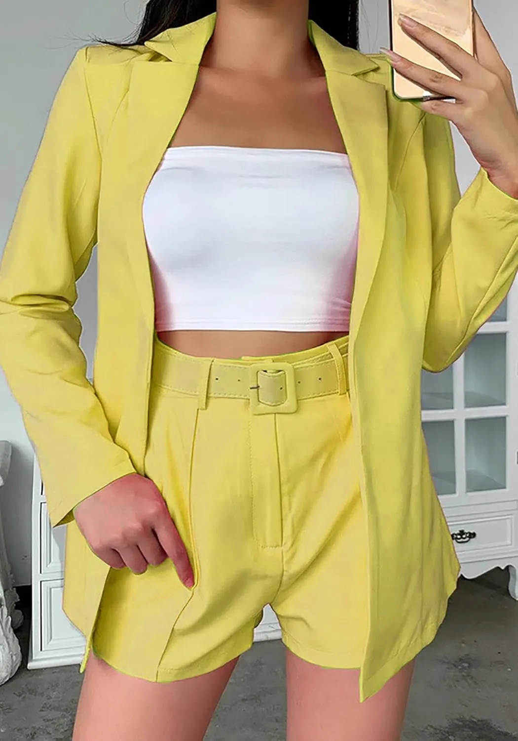 Tcremisa Blazer Shorts Set for Women 2 Piece Long Sleeve Open Front Blazers Short Suits Business Outfits with Belt