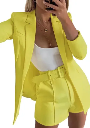 Tcremisa Blazer Shorts Set for Women 2 Piece Long Sleeve Open Front Blazers Short Suits Business Outfits with Belt