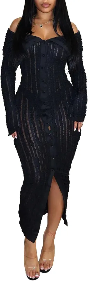 Tcremisa Women's Elegant Off Shoulder Dress Sexy Long Sleeve Button Down Ruffle Mesh Bodycon Long Dresses