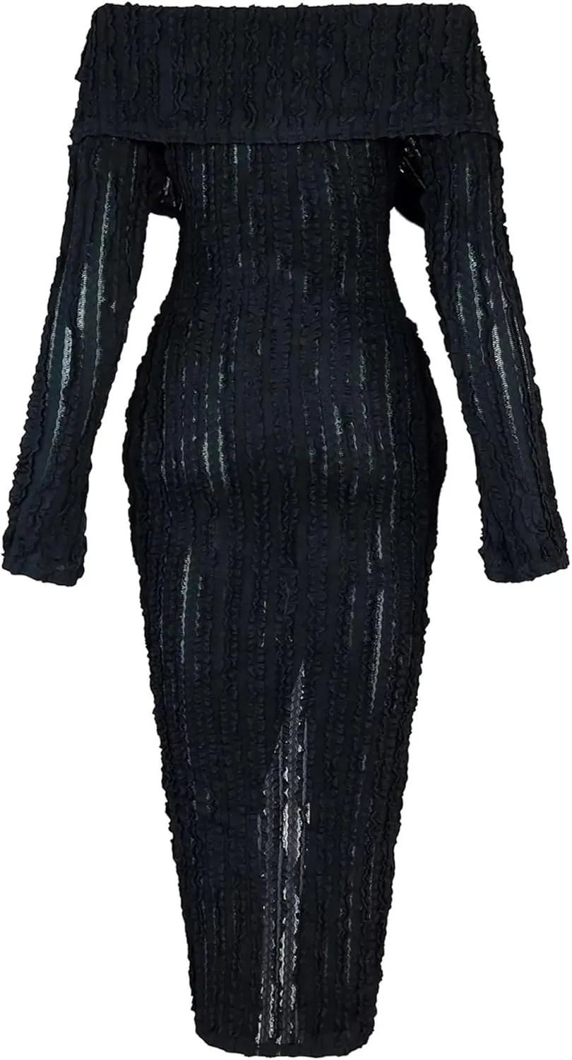 Tcremisa Women's Elegant Off Shoulder Dress Sexy Long Sleeve Button Down Ruffle Mesh Bodycon Long Dresses