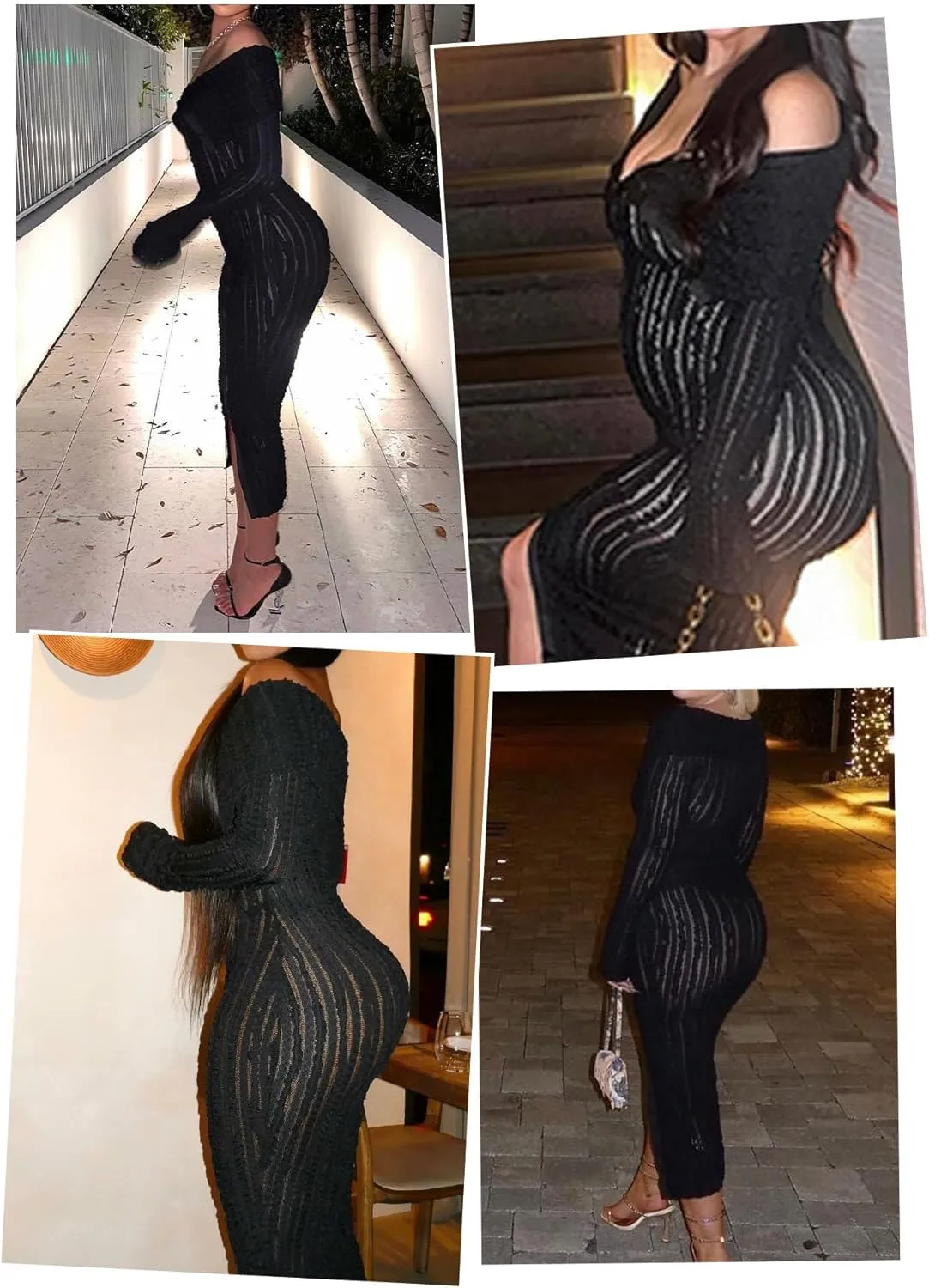 Tcremisa Women's Elegant Off Shoulder Dress Sexy Long Sleeve Button Down Ruffle Mesh Bodycon Long Dresses