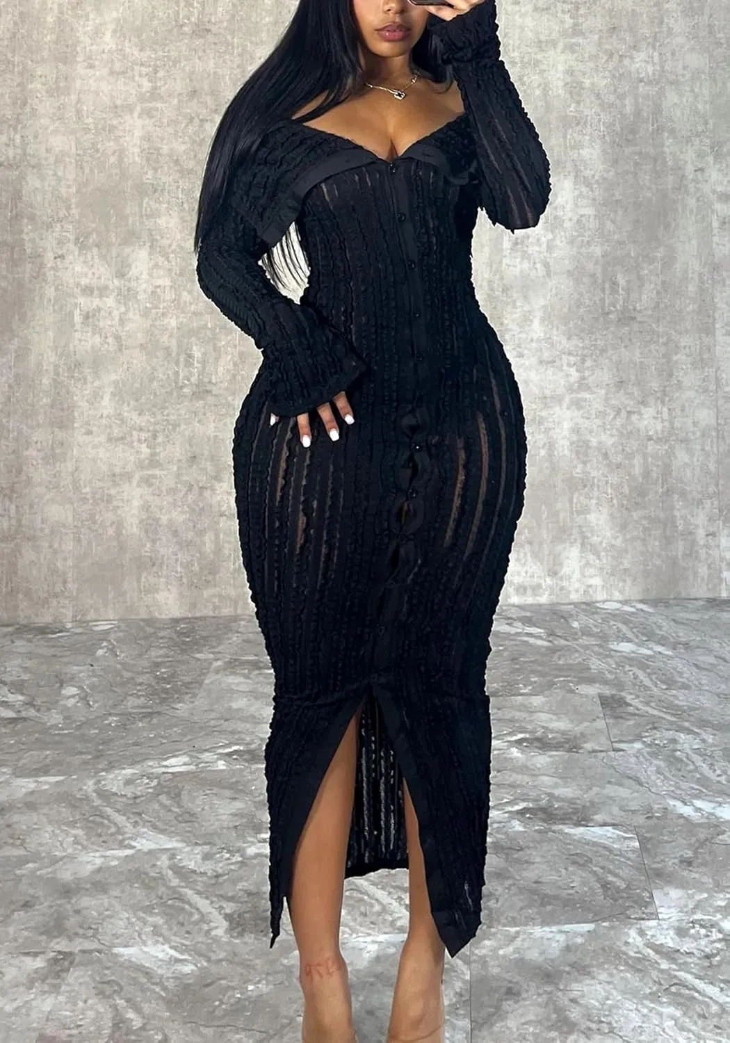 Tcremisa Women's Elegant Off Shoulder Dress Sexy Long Sleeve Button Down Ruffle Mesh Bodycon Long Dresses