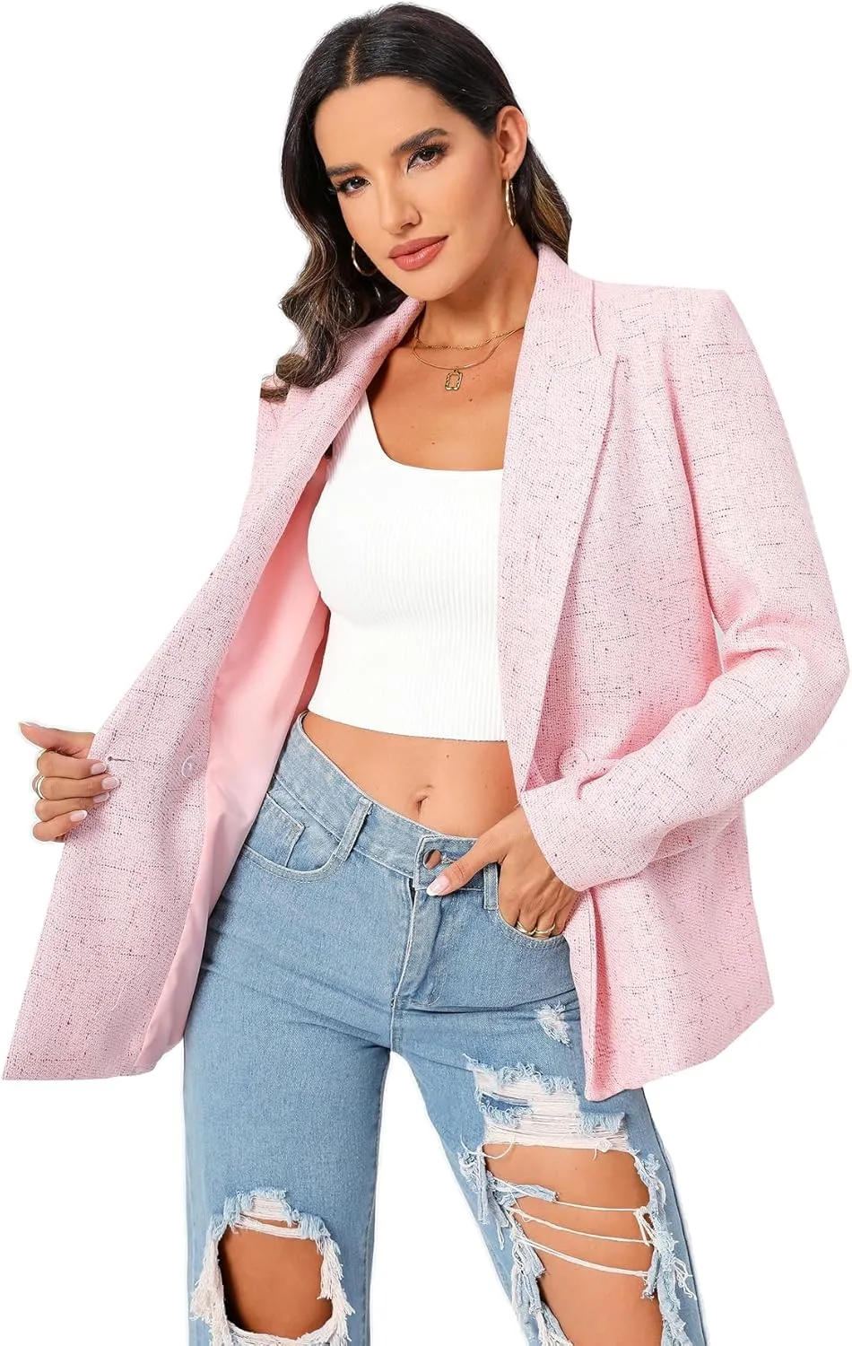 TRNY Women's Oversized Double-Breasted Suit Blazer Jacket Long Sleeve Casual Boyfriend Style Work Office Blazer with Pockets