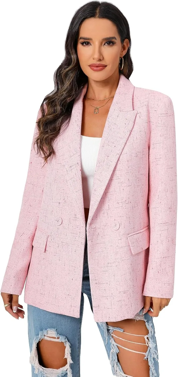 TRNY Women's Oversized Double-Breasted Suit Blazer Jacket Long Sleeve Casual Boyfriend Style Work Office Blazer with Pockets