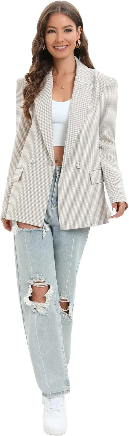 TRNY Women's Oversized Double-Breasted Suit Blazer Jacket Long Sleeve Casual Boyfriend Style Work Office Blazer with Pockets