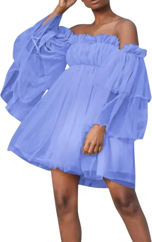 Tulle Dress Women Short Puffy Prom Dress Strapless Mesh Birthday Fairy Dresses Ruffle Cocktail Party Poofy Gown