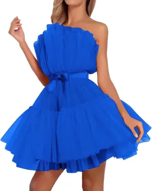 Tulle Dress Women Short Puffy Prom Dress Strapless Mesh Birthday Fairy Dresses Ruffle Cocktail Party Poofy Gown