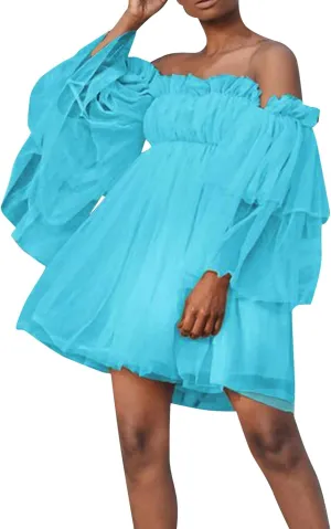 Tulle Dress Women Short Puffy Prom Dress Strapless Mesh Birthday Fairy Dresses Ruffle Cocktail Party Poofy Gown
