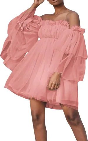 Tulle Dress Women Short Puffy Prom Dress Strapless Mesh Birthday Fairy Dresses Ruffle Cocktail Party Poofy Gown