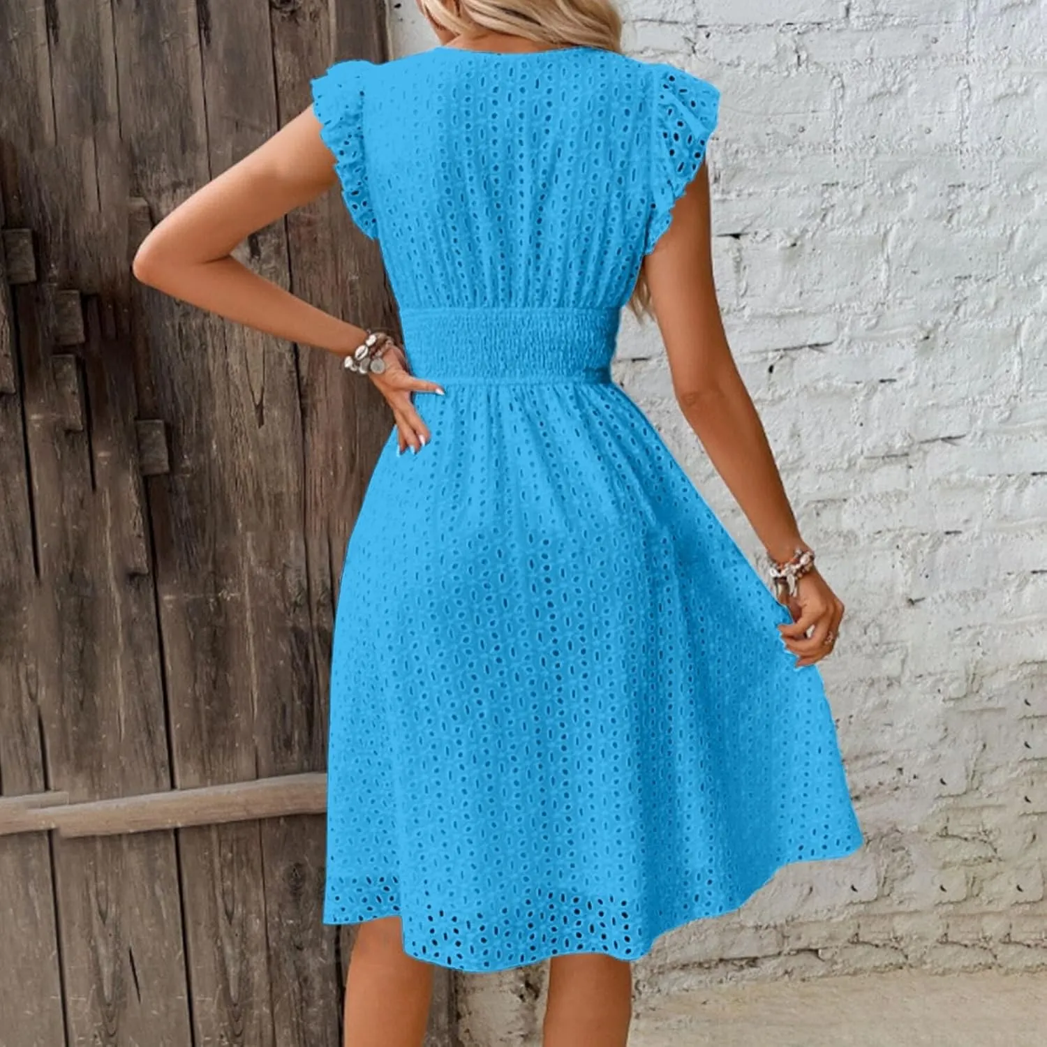 Vacation Dresses for Women 2025 Summer Trendy Eyelet Lace Ruffle Sleeve V Neck Midi Dress Flowy A Line Sundress