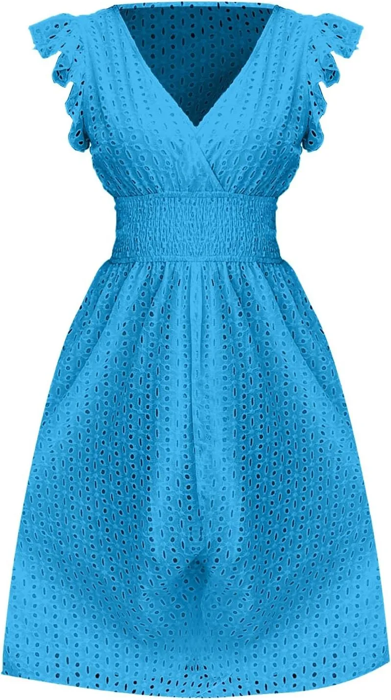 Vacation Dresses for Women 2025 Summer Trendy Eyelet Lace Ruffle Sleeve V Neck Midi Dress Flowy A Line Sundress