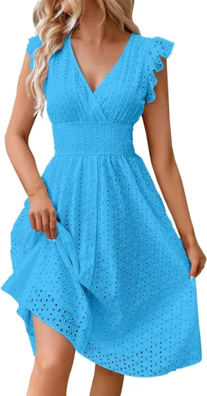 Vacation Dresses for Women 2025 Summer Trendy Eyelet Lace Ruffle Sleeve V Neck Midi Dress Flowy A Line Sundress