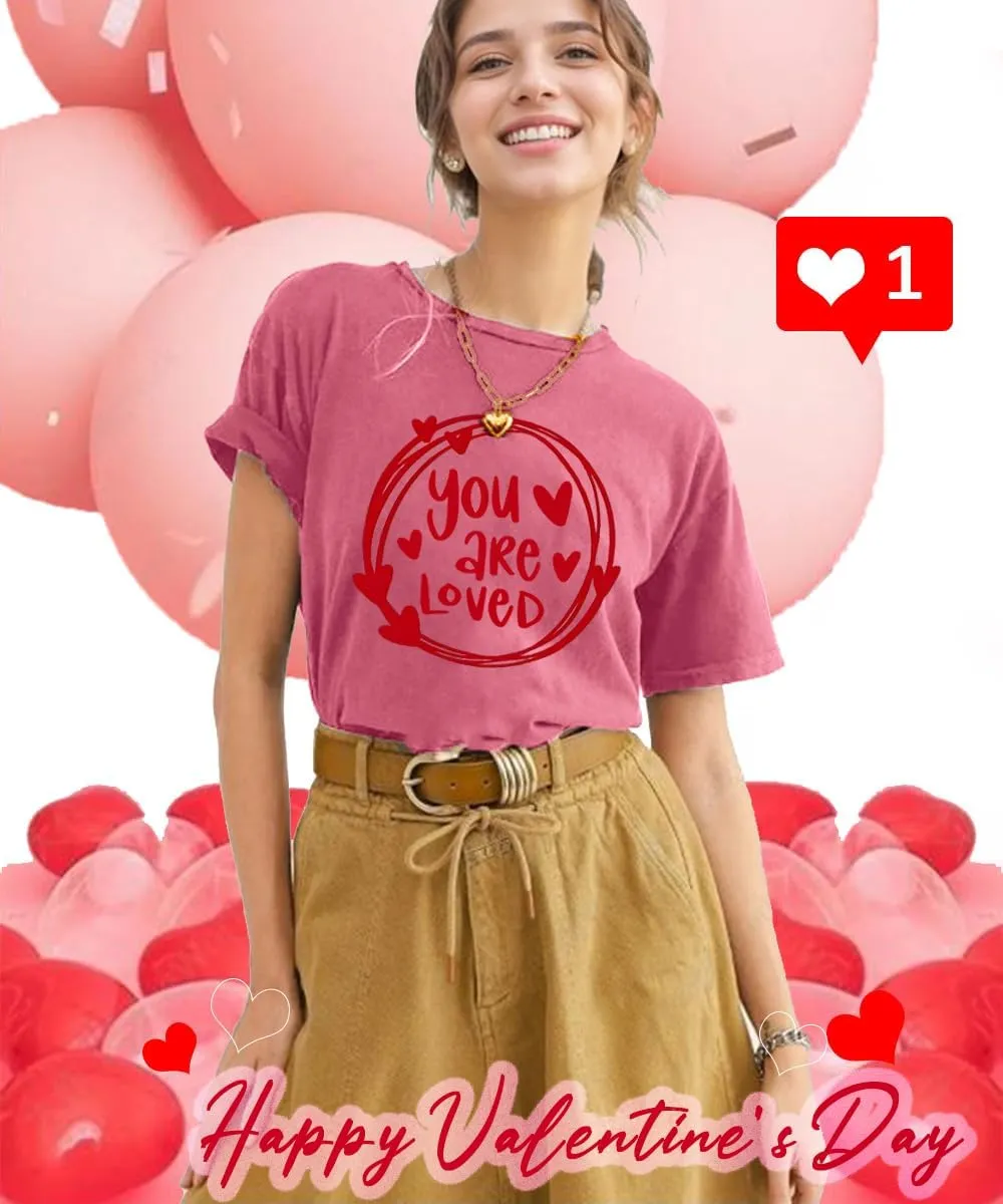 Valentines Shirts Women Funny You are Loved Letter Print T Shirt Love Graphic Short Sleeve Gift Tops for Lover