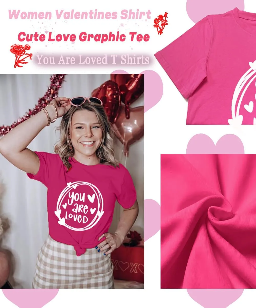 Valentines Shirts Women Funny You are Loved Letter Print T Shirt Love Graphic Short Sleeve Gift Tops for Lover