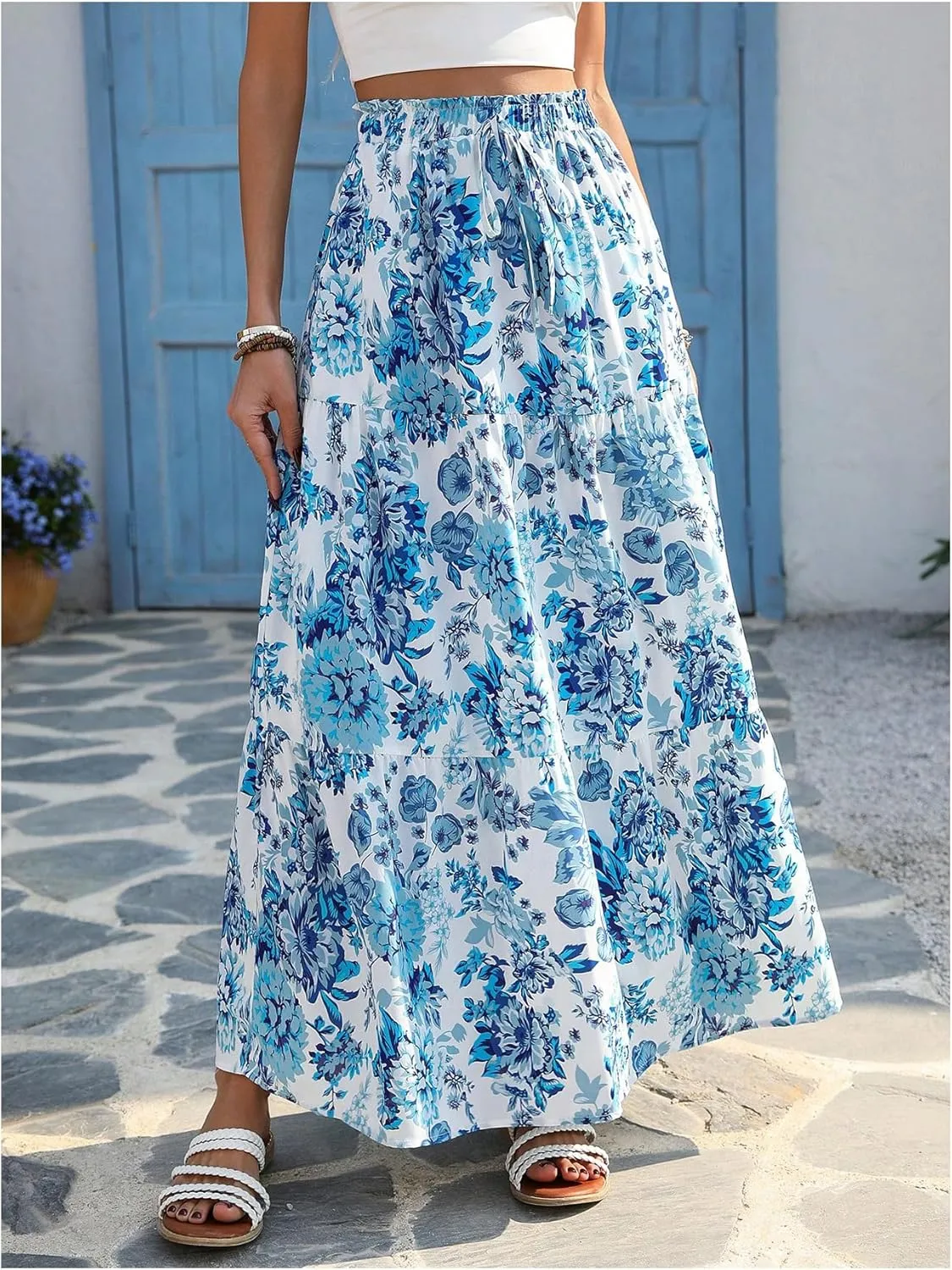 Verdusa Women's Flowy Flared Ruffle Boho Long Skirt Summer Maxi Skirt