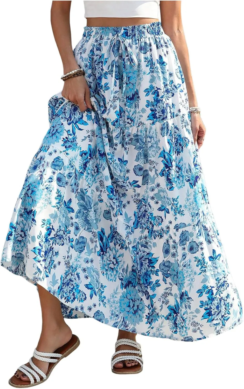 Verdusa Women's Flowy Flared Ruffle Boho Long Skirt Summer Maxi Skirt