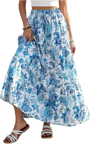 Verdusa Women's Flowy Flared Ruffle Boho Long Skirt Summer Maxi Skirt