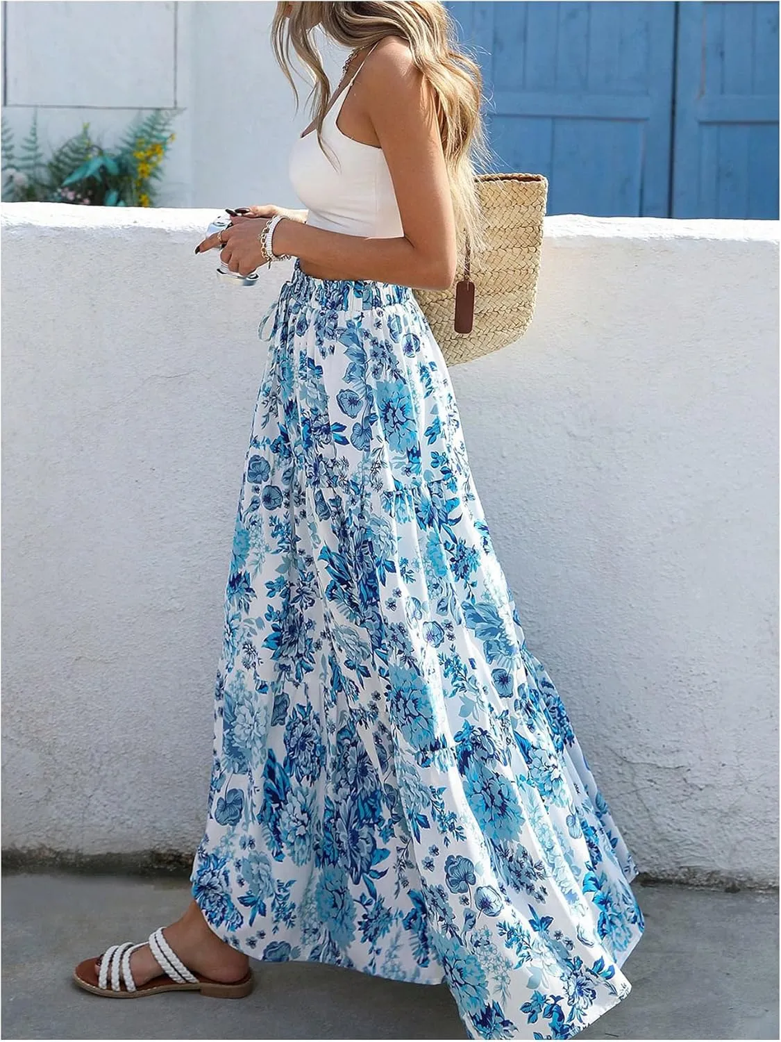 Verdusa Women's Flowy Flared Ruffle Boho Long Skirt Summer Maxi Skirt