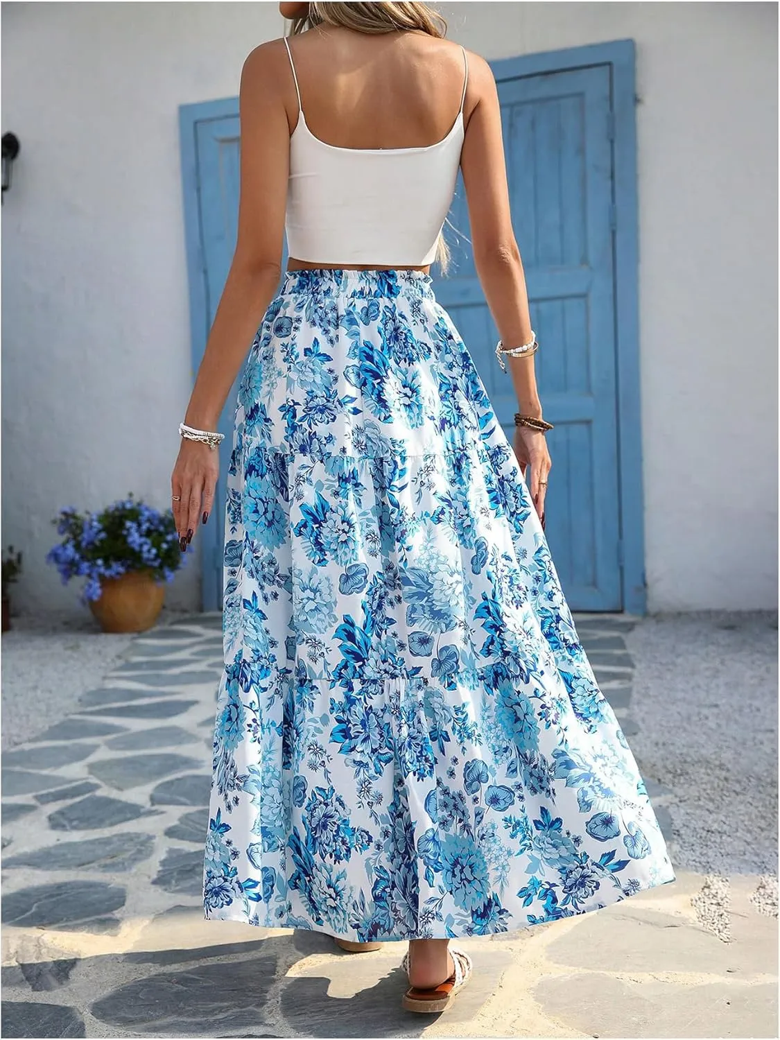 Verdusa Women's Flowy Flared Ruffle Boho Long Skirt Summer Maxi Skirt