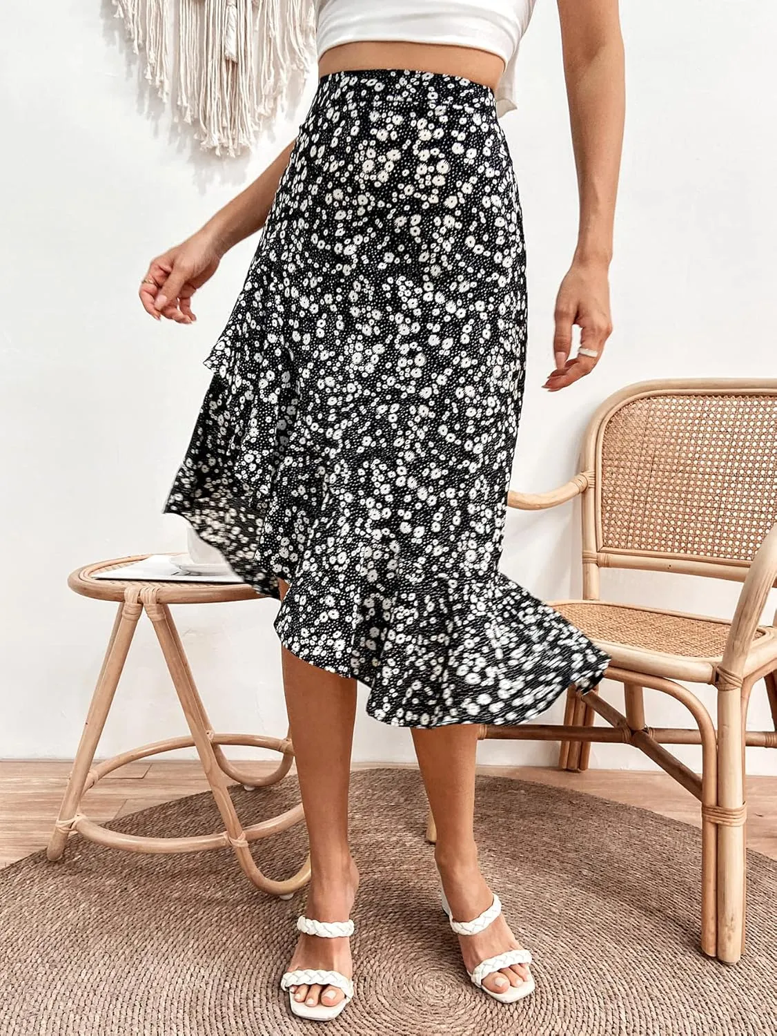 Verdusa Women's Ruffle Trim High Split Printed Skirt