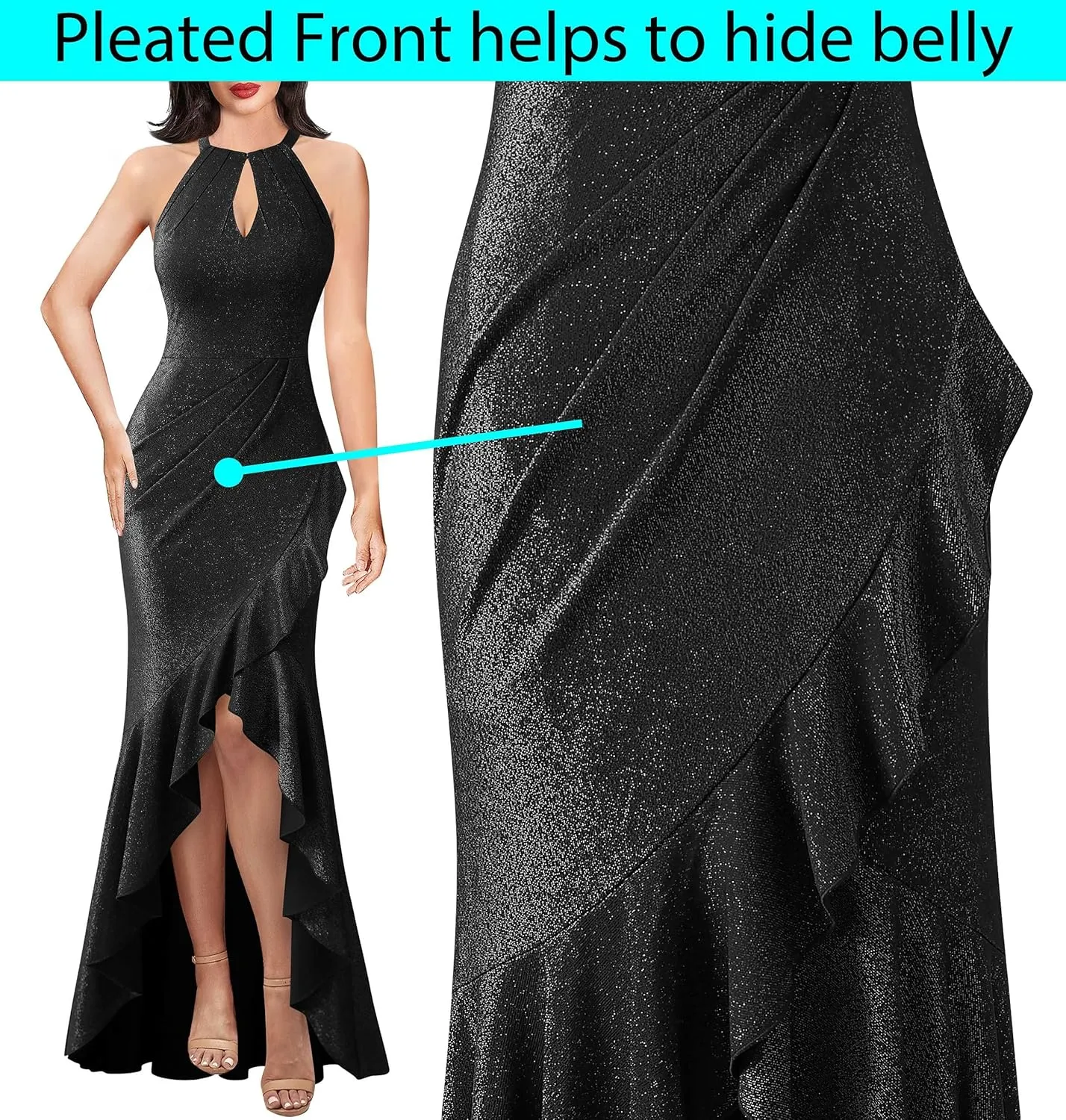 VFSHOW Womens Sexy Halter Neck Formal Cutout Ruffle Slit Ruched Prom Maxi Dress Wedding Guest HI-LO Mermaid Evening Gown