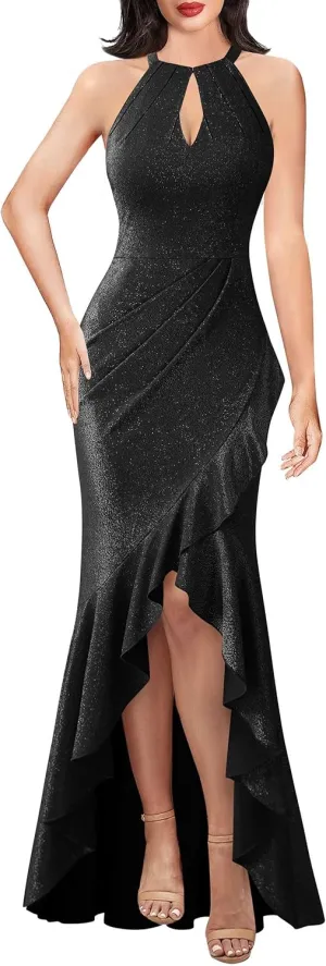 VFSHOW Womens Sexy Halter Neck Formal Cutout Ruffle Slit Ruched Prom Maxi Dress Wedding Guest HI-LO Mermaid Evening Gown