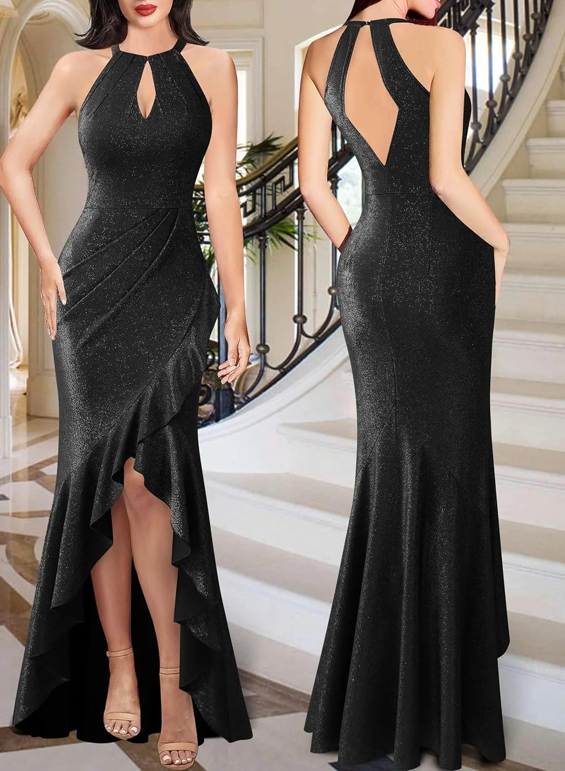VFSHOW Womens Sexy Halter Neck Formal Cutout Ruffle Slit Ruched Prom Maxi Dress Wedding Guest HI-LO Mermaid Evening Gown