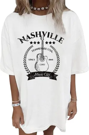 Vintage Oversized Tshirts for Women Graphic Tees Short-Sleeve Retro Country Music Shirts Nashville Tshirt Loose Fit