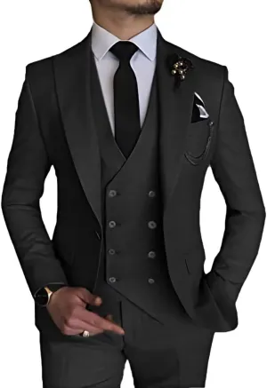 Wangyue 3 Piece Suit Slim Fit Men Suits Double Breasted Wedding Party One Button Blazer Jacket Vest Pants Sets Beige