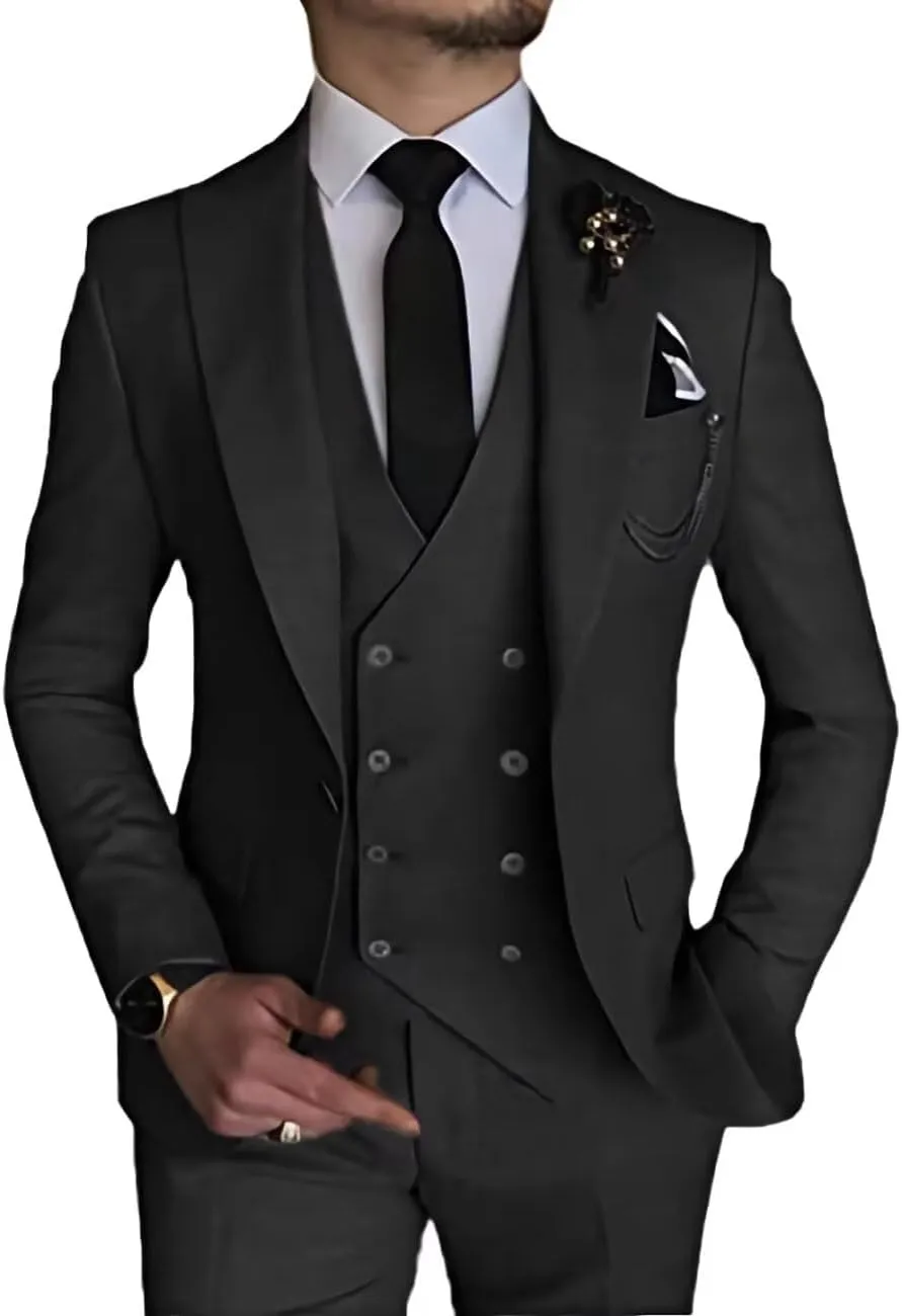 Wangyue 3 Piece Suit Slim Fit Men Suits Double Breasted Wedding Party One Button Blazer Jacket Vest Pants Sets Beige