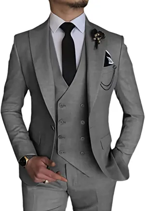 Wangyue 3 Piece Suit Slim Fit Men Suits Double Breasted Wedding Party One Button Blazer Jacket Vest Pants Sets Beige