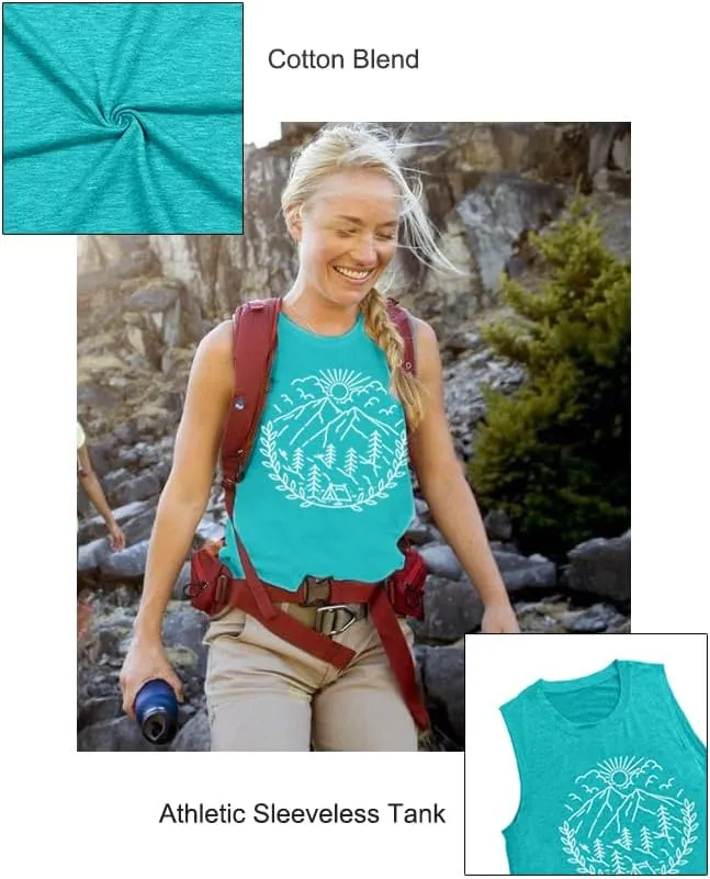 Women Hiking Camping Outdoor Tank Top Summer Mountain Nature Funny Graphic Print Round Neck Workout Athletic Sleeveless Tops