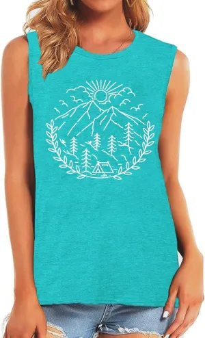 Women Hiking Camping Outdoor Tank Top Summer Mountain Nature Funny Graphic Print Round Neck Workout Athletic Sleeveless Tops