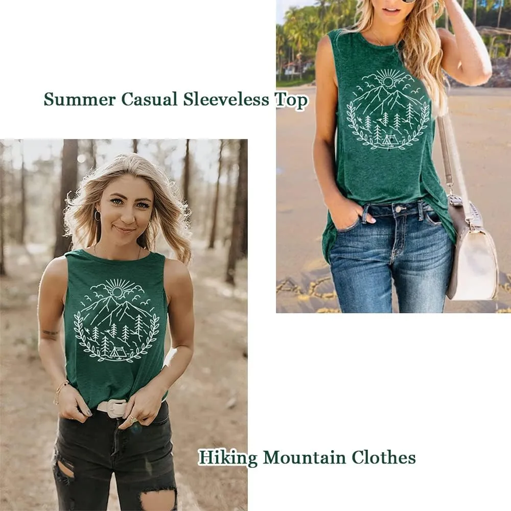 Women Hiking Camping Outdoor Tank Top Summer Mountain Nature Funny Graphic Print Round Neck Workout Athletic Sleeveless Tops