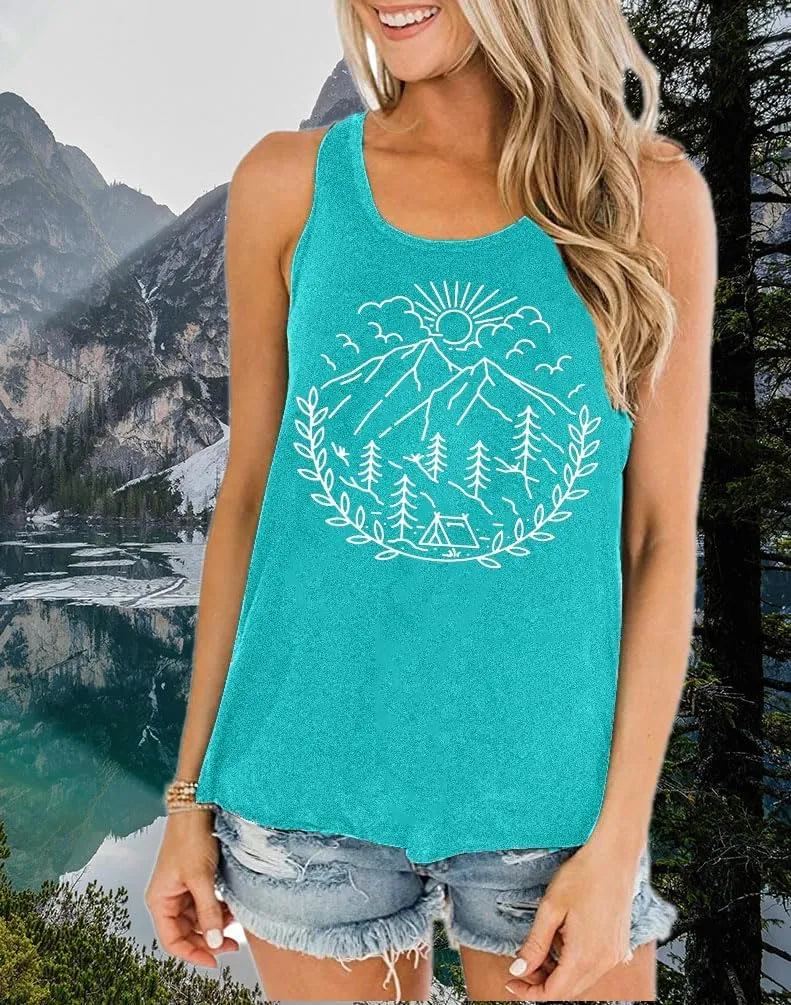 Women Hiking Camping Outdoor Tank Top Summer Mountain Nature Funny Graphic Print Round Neck Workout Athletic Sleeveless Tops