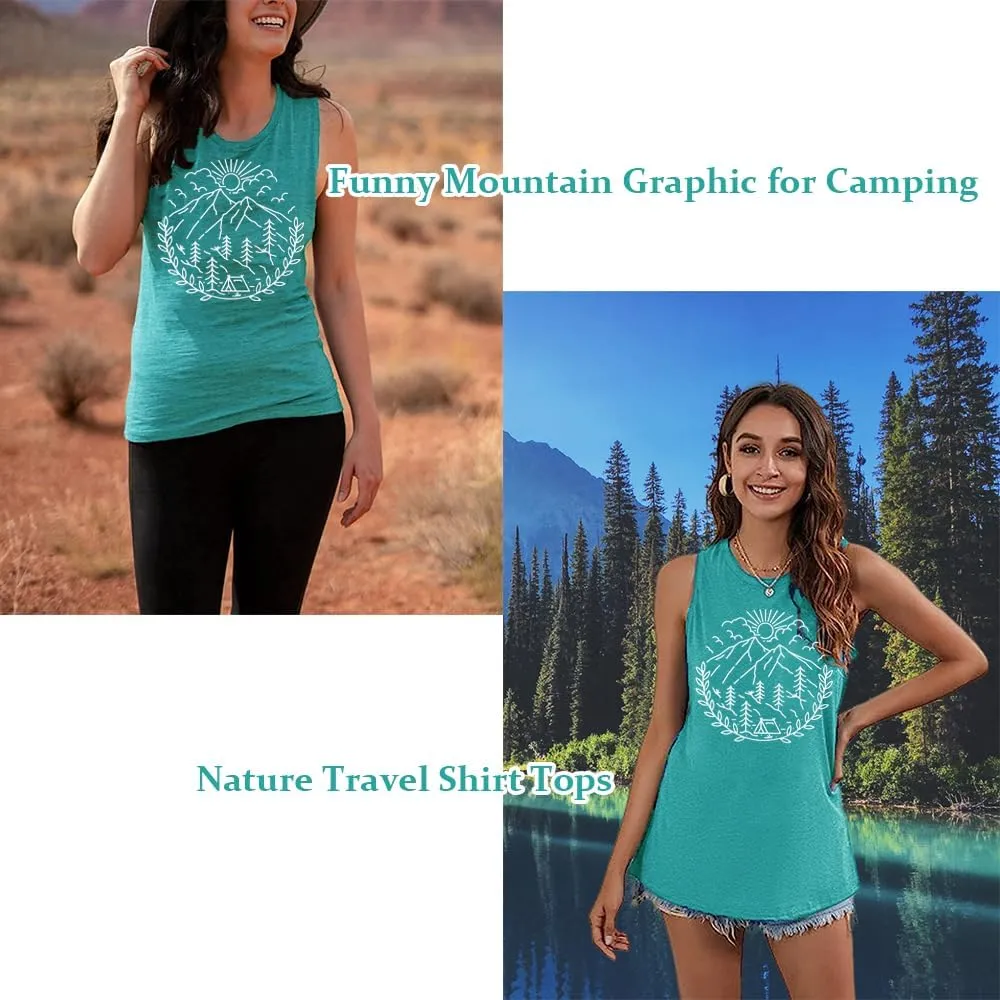 Women Hiking Camping Outdoor Tank Top Summer Mountain Nature Funny Graphic Print Round Neck Workout Athletic Sleeveless Tops