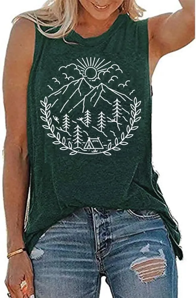 Women Hiking Camping Outdoor Tank Top Summer Mountain Nature Funny Graphic Print Round Neck Workout Athletic Sleeveless Tops