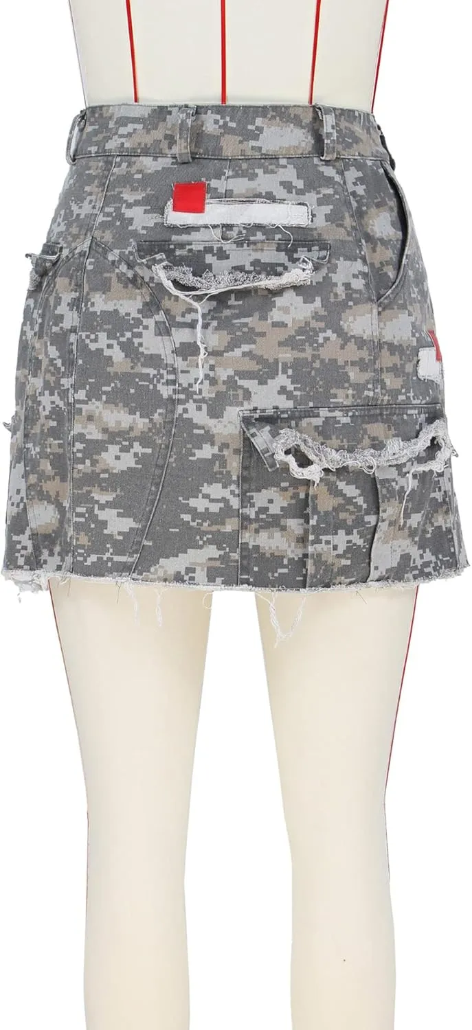 Women Mini Skirt Camo Cargo Skirt Sexy High Split Mini Skirt for Women Novelty Skirts Denim Skirt