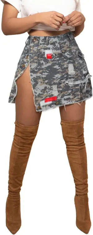 Women Mini Skirt Camo Cargo Skirt Sexy High Split Mini Skirt for Women Novelty Skirts Denim Skirt