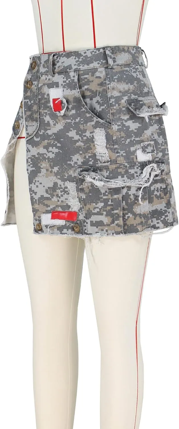 Women Mini Skirt Camo Cargo Skirt Sexy High Split Mini Skirt for Women Novelty Skirts Denim Skirt